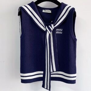 Miu Miu Navy Sailor Knit Vest with Tie Collar